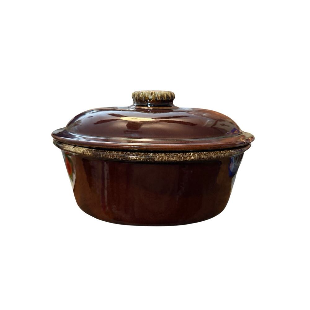 Hull Pottery Drip Glaze Casserole Dish Lid Oven Proof Brown Oval Vintage 10”